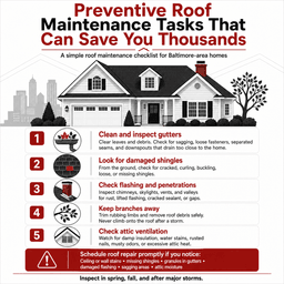 Square infographic listing five preventive roof maintenance tasks for Baltimore-area homes, including gutters, shingles, flashing, tree branches, attic ventilation, and signs that roof repair is needed.